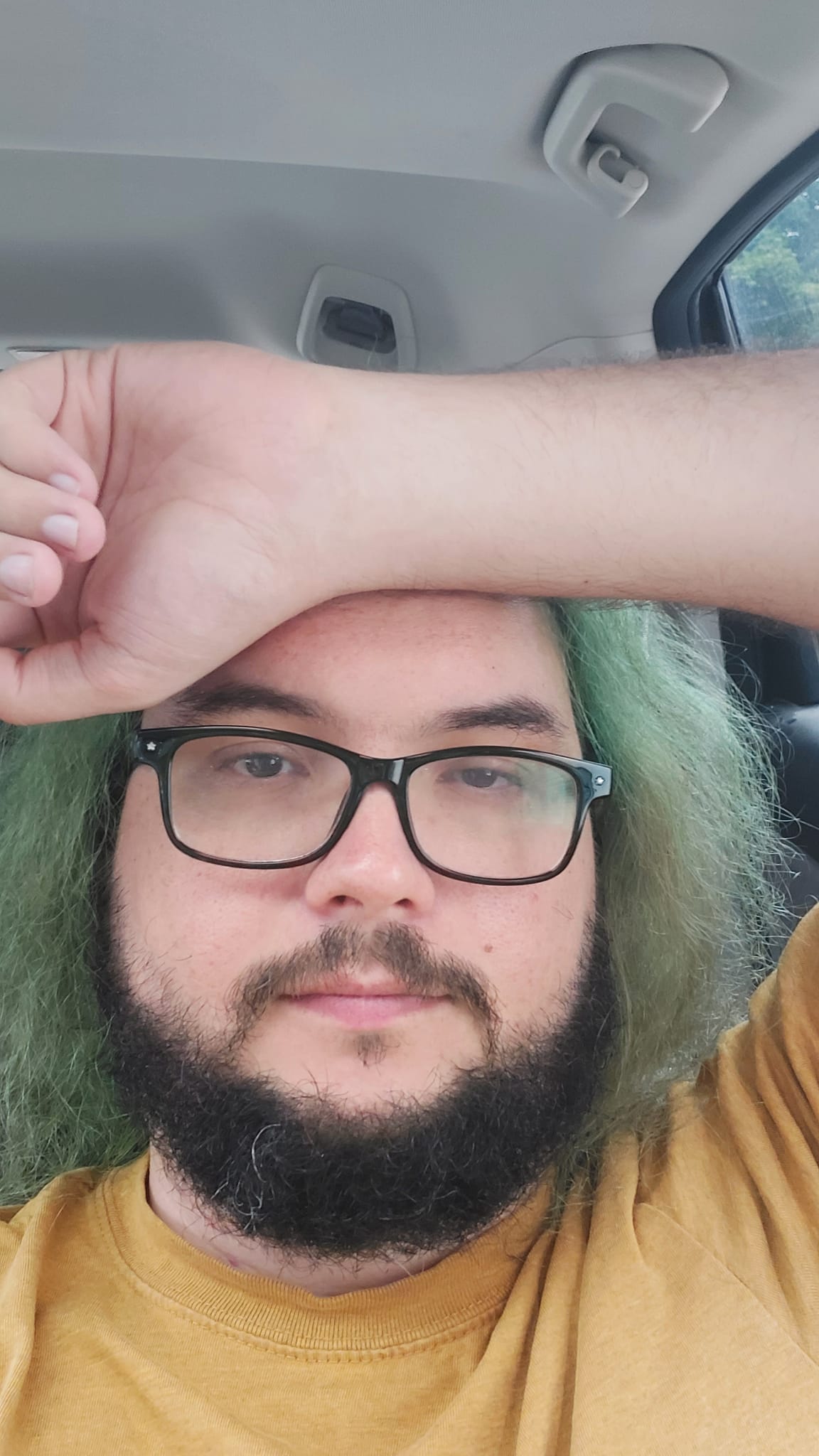 A man with green hair reclines in a car, left arm touching forhead, Photo 1